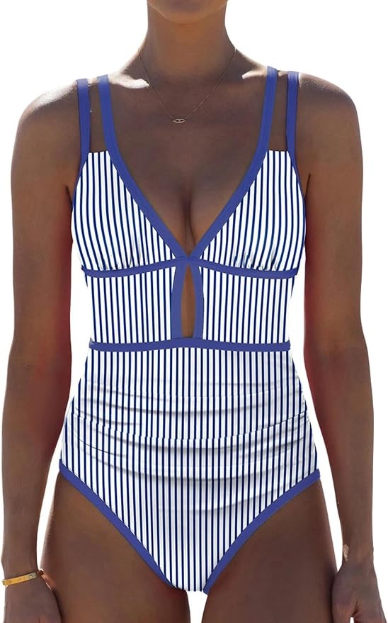 popvil Women One Piece Swimsuit 2026 Tummy Control Sexy Cutout Neon Color Block Bathing Suit Slim... | Amazon (US)