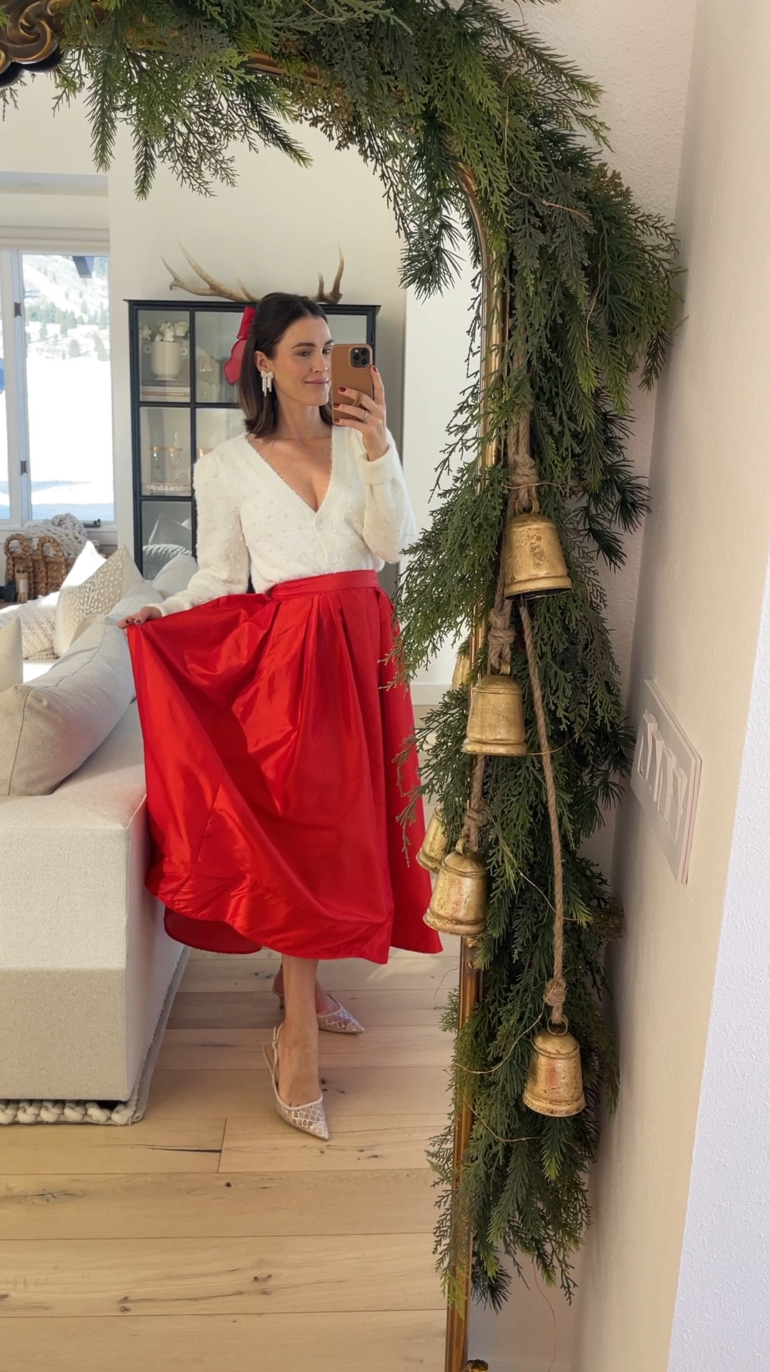 HOLIDAY \ Christmas party outfit!❤️ red skirt under $100, furry pearl sweater, crystals heels from Target and a red bow hair clip! Wearing smalls 

#LTKWatchNow #LTKHoliday #LTKParties