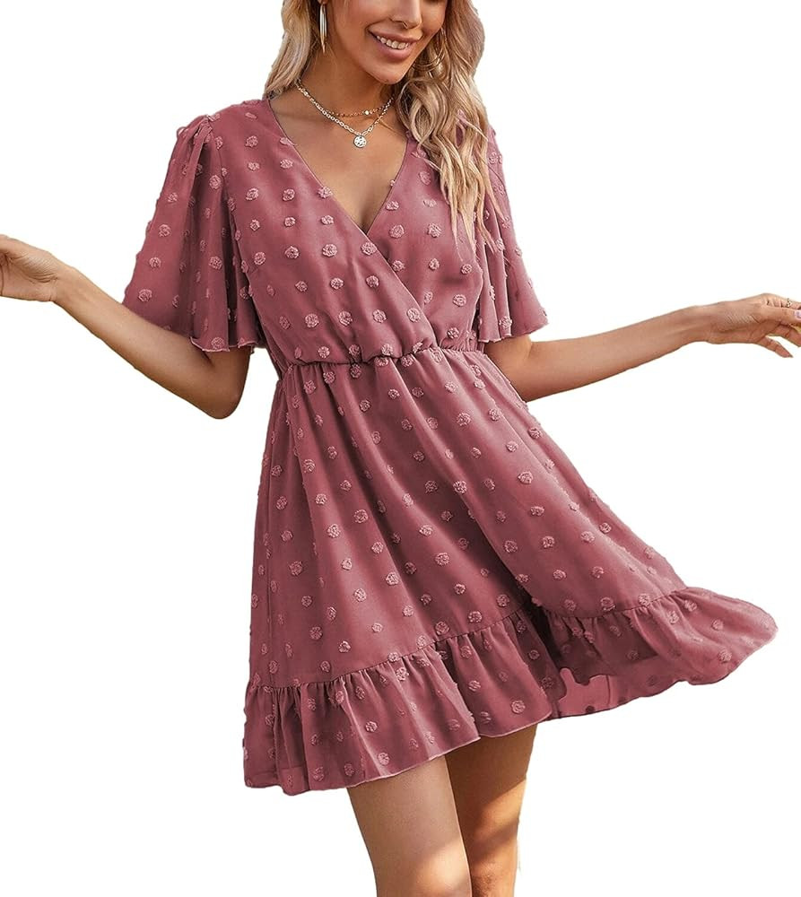 Veatzaer Womens V Neck Swiss Dot Dress Summer Short Sleeve Solid Color Loose Fit Elegant Dress | Amazon (US)