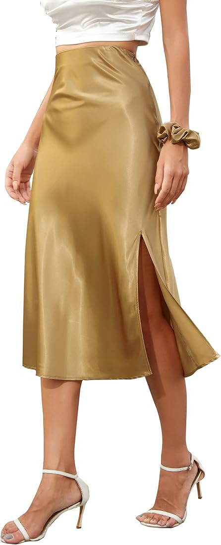 ALCEA ROSEA Womens Silky Satin Midi Skirt High Waist Elastic Waist A Line Skirt with Slit | Amazon (US)