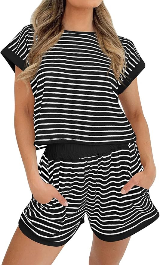 Tankaneo Womens Summer 2 Piece Sets Striped Short Sleeve T Shirts and Shorts Loungewear Matching ... | Amazon (US)