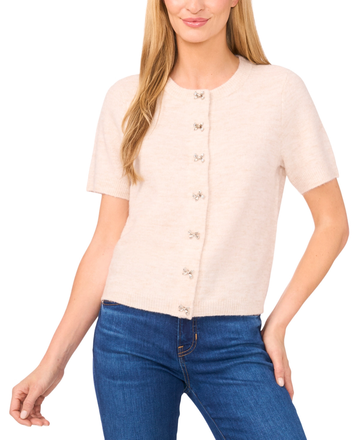 CeCe Women's Short Sleeve Bow Button Cardigan Sweater - Malted | Macy's