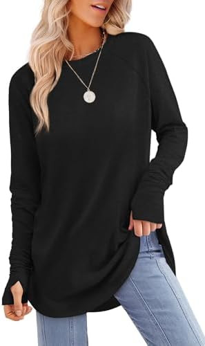 XIEERDUO Womens Tunic Tops to Wear with Leggings Long Sleeve Thumb Hole Shirts Crew Neck Curved H... | Amazon (US)
