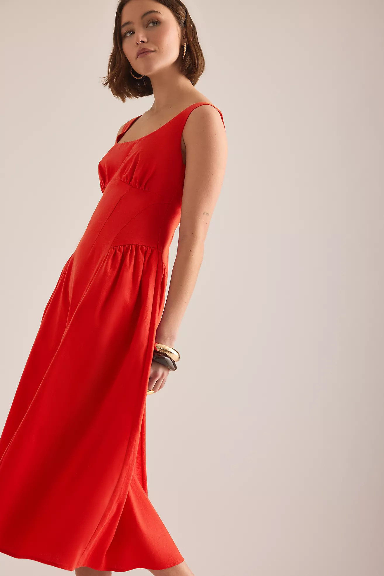 By Anthropologie Livy Cotton-Linen Hourglass Midi Dress | Anthropologie (UK)