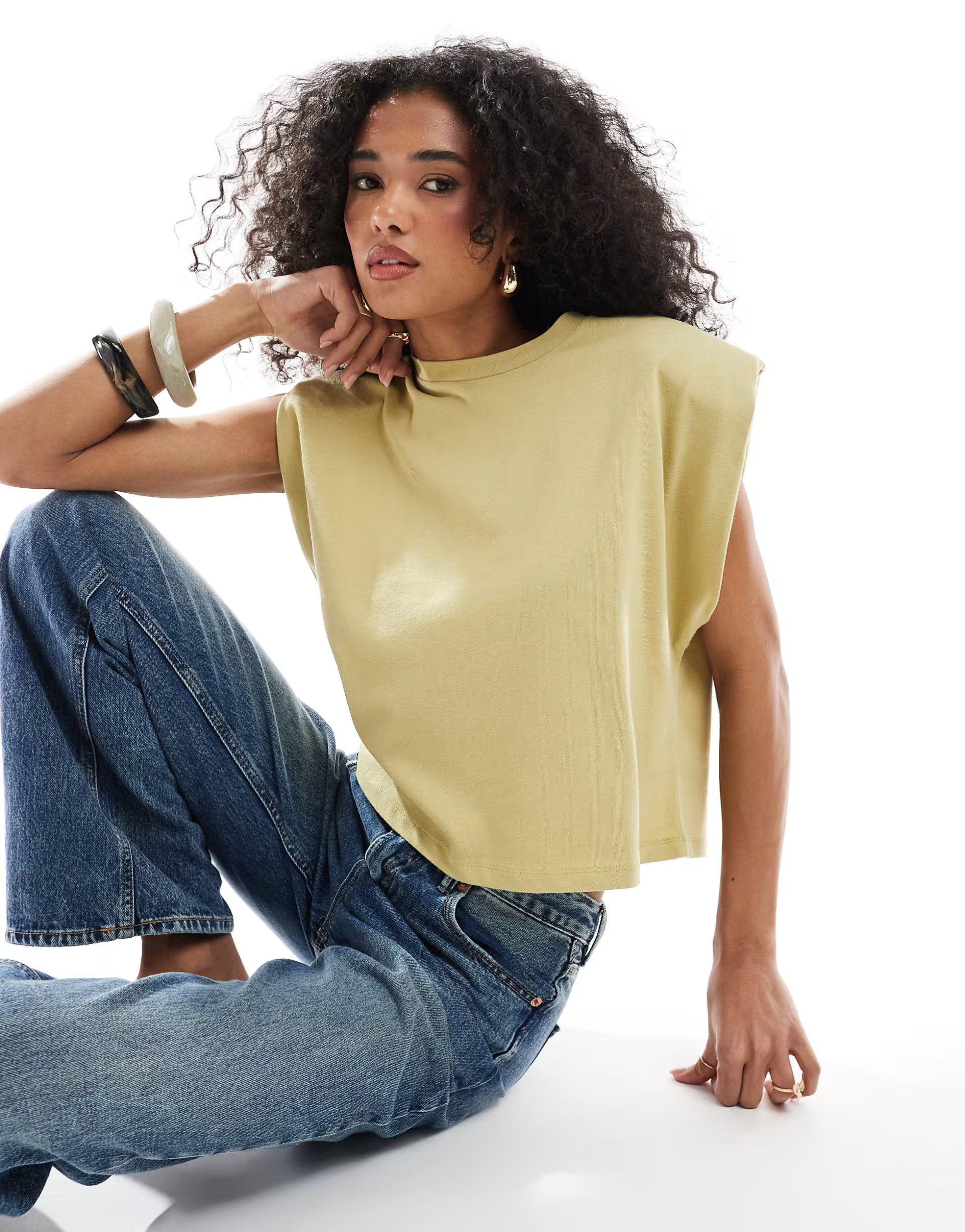 ASOS DESIGN sleeveless shoulder pad top in sage | ASOS (Global)