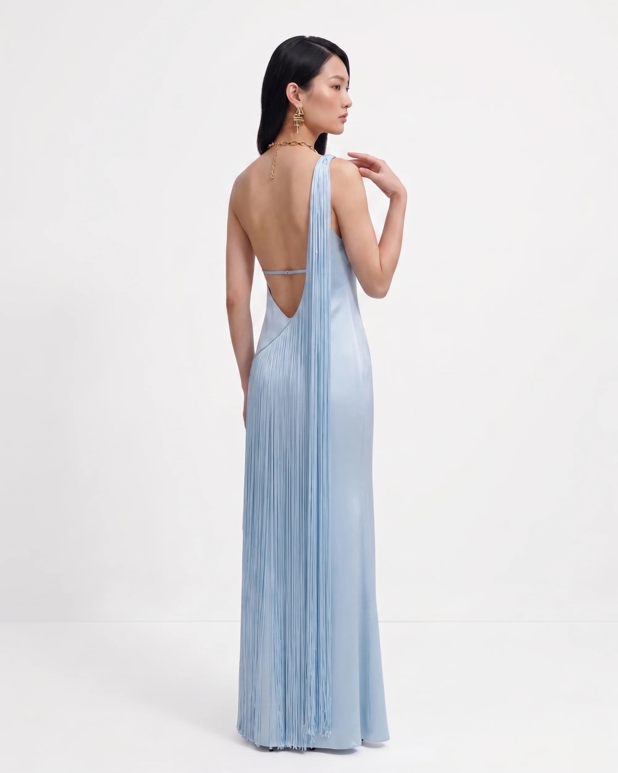 Fringe One Shoulder Maxi Dress - Light Blue | JW PEI US