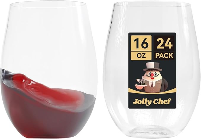 JOLLY CHEF 24 Pack 16oz Plastic Wine Glasses Stemless, Disposable Wine Cups, Premium Quality, Rec... | Amazon (US)