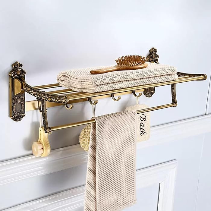 24" Vintage Bathroom Towel Rack, Antique Brass Color Towel Bar with 5 Hooks Double Tier Towel She... | Amazon (US)
