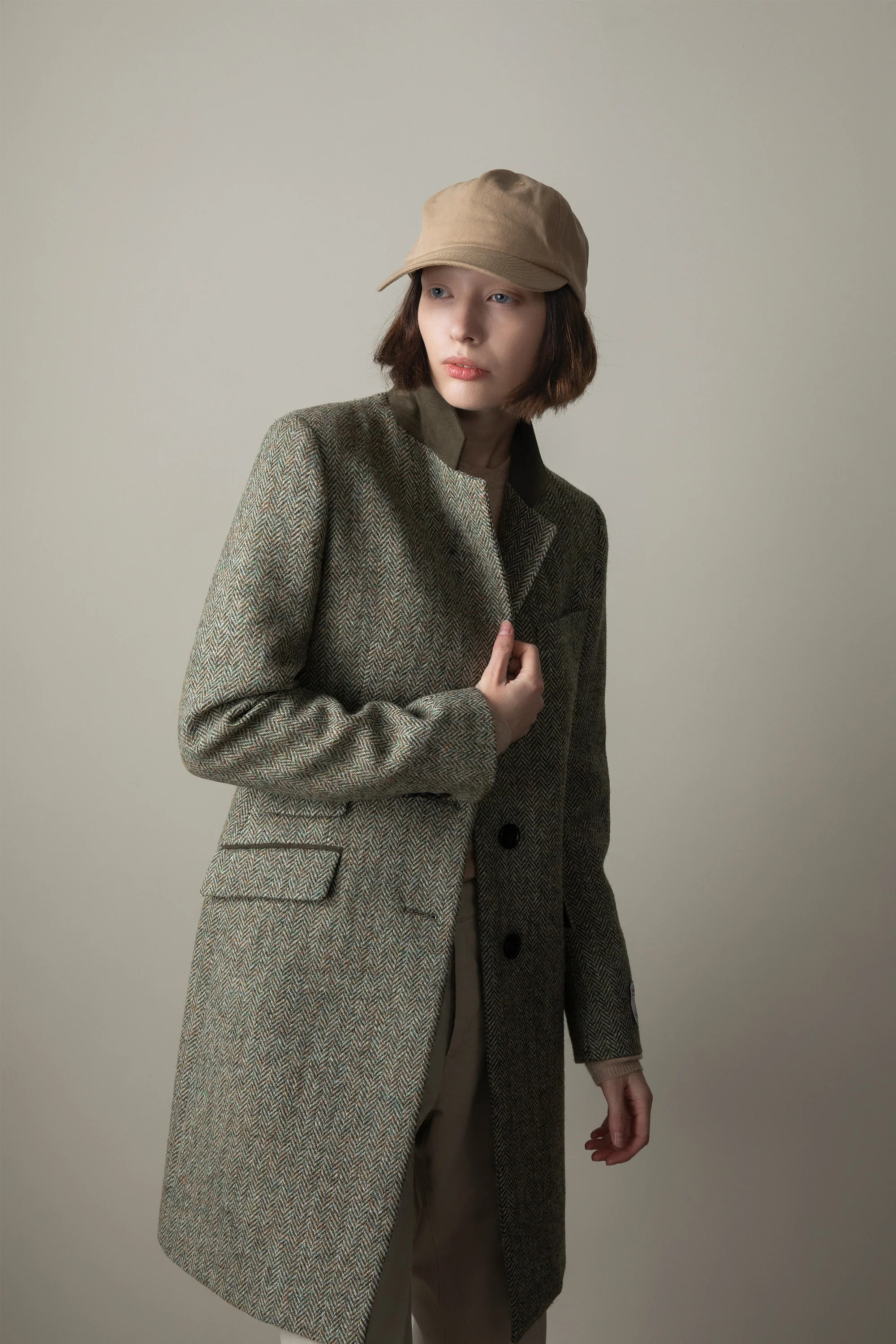 Women's Harris Tweed Tori Coat - Green Lovat Herringbone | Kiltane