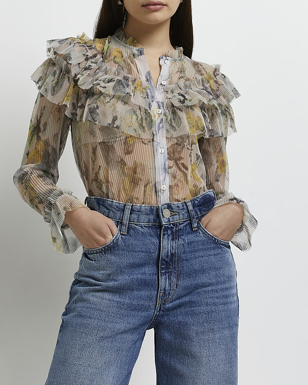 Cream floral frill shirt | River Island (UK & IE)