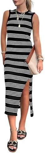 PRETTYGARDEN Summer Dresses for Women 2026 Casual Sleeveless Hollow Out Knit Side Slit Striped Be... | Amazon (US)
