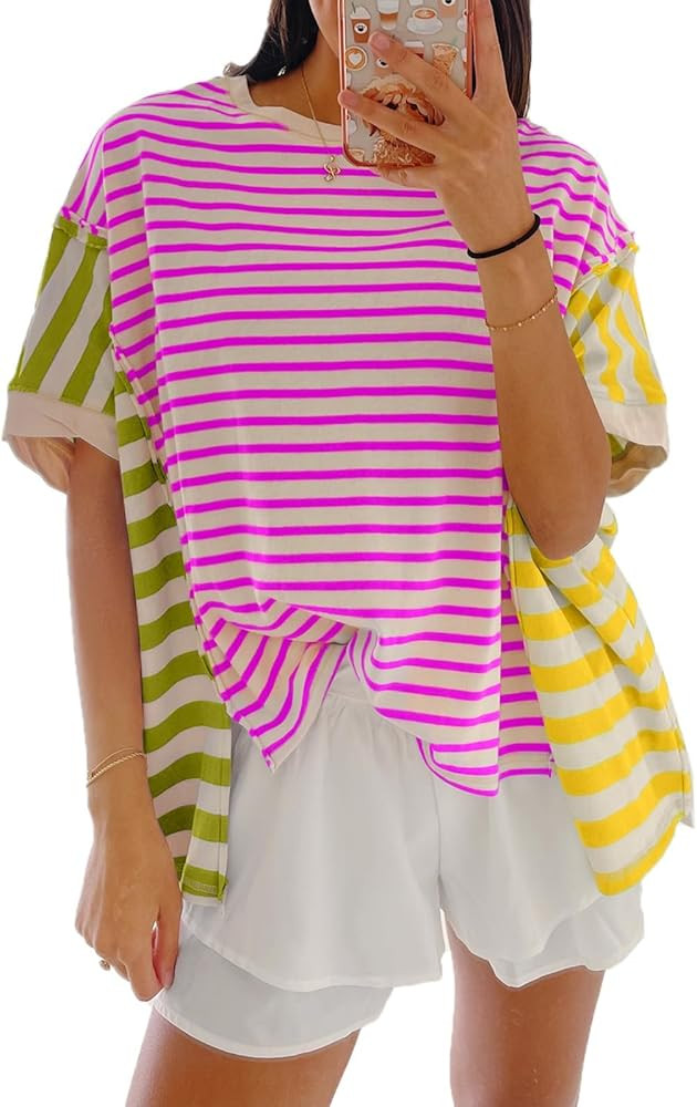 Tankaneo Womens Oversized Striped T-Shirts Color Block Short Sleeve Tee Tops Summer Casual High L... | Amazon (US)