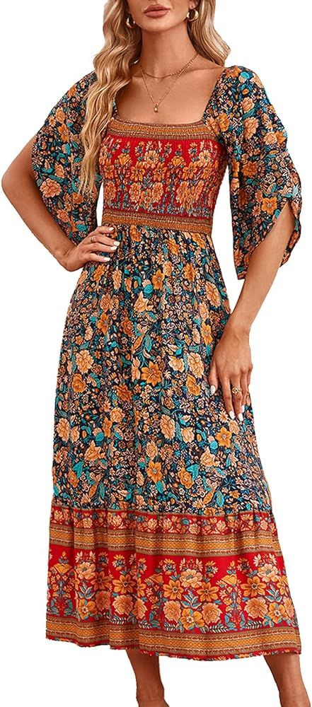 Women's Long Maxi Dress Sexy Off Shoulder Floral Dress Ruffle Short Sleeve Smocked Flowy A Line B... | Amazon (US)