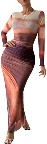 MARZXIN Women Long Sleeve Maxi Dress Bodycon Ruched Formal Slim Fit Tie Dye Dress Formal Mesh Dre... | Amazon (US)