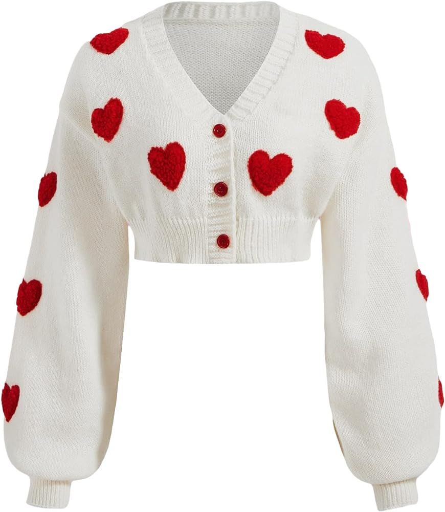 Cozyease Women's Button Front Cropped Cardigan Heart Pattern V Neck Long Bishop Sleeve Cardigan S... | Amazon (US)