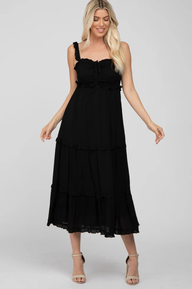 Black Ruffle Accent Midi Dress | PinkBlush Maternity