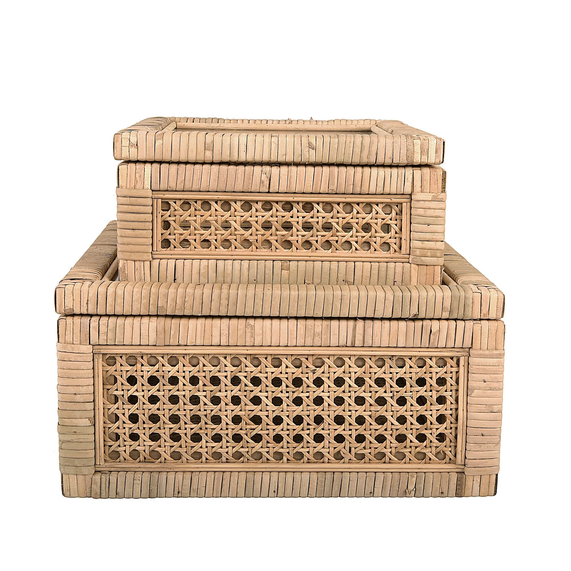 Creative Co-Op Cane and Rattan Glass Lid, Set of 2 Display Boxes, Natural | Amazon (US)