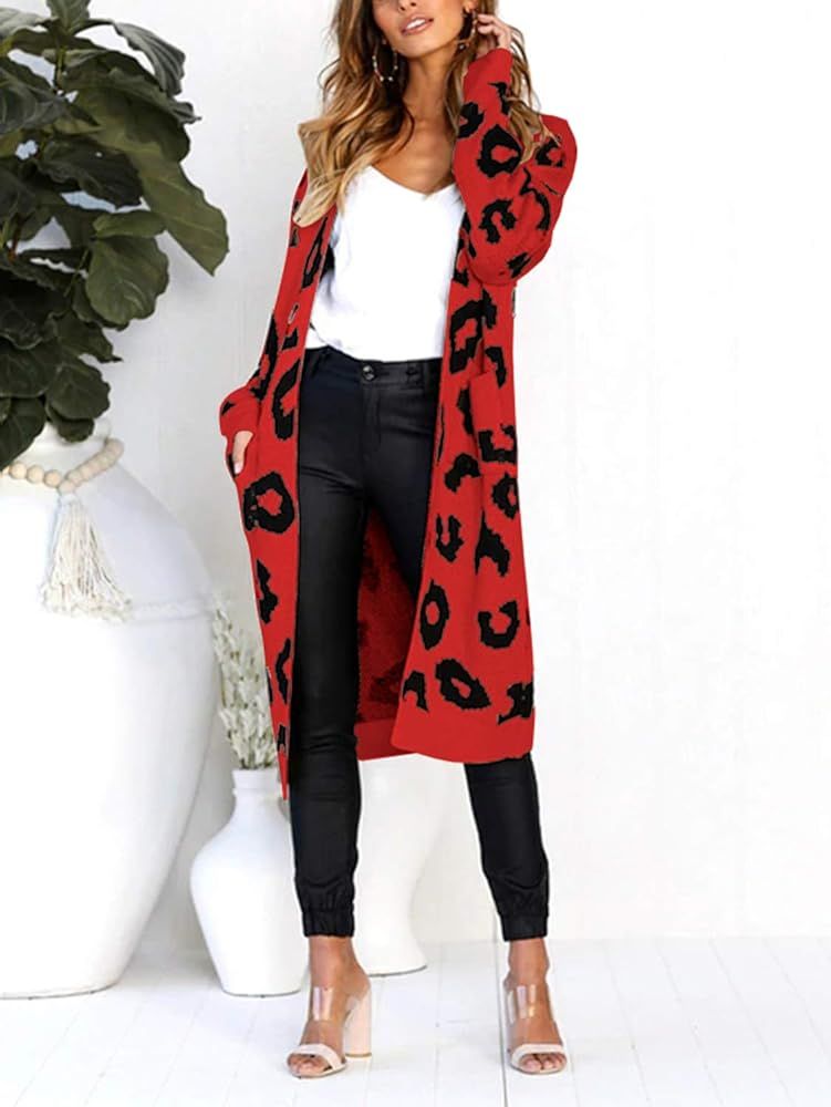 PERSUN Women's Leopard Print Long Sleeve Long Knitted Casual Cardigan Open Front Warm Outwear Sweate | Amazon (US)