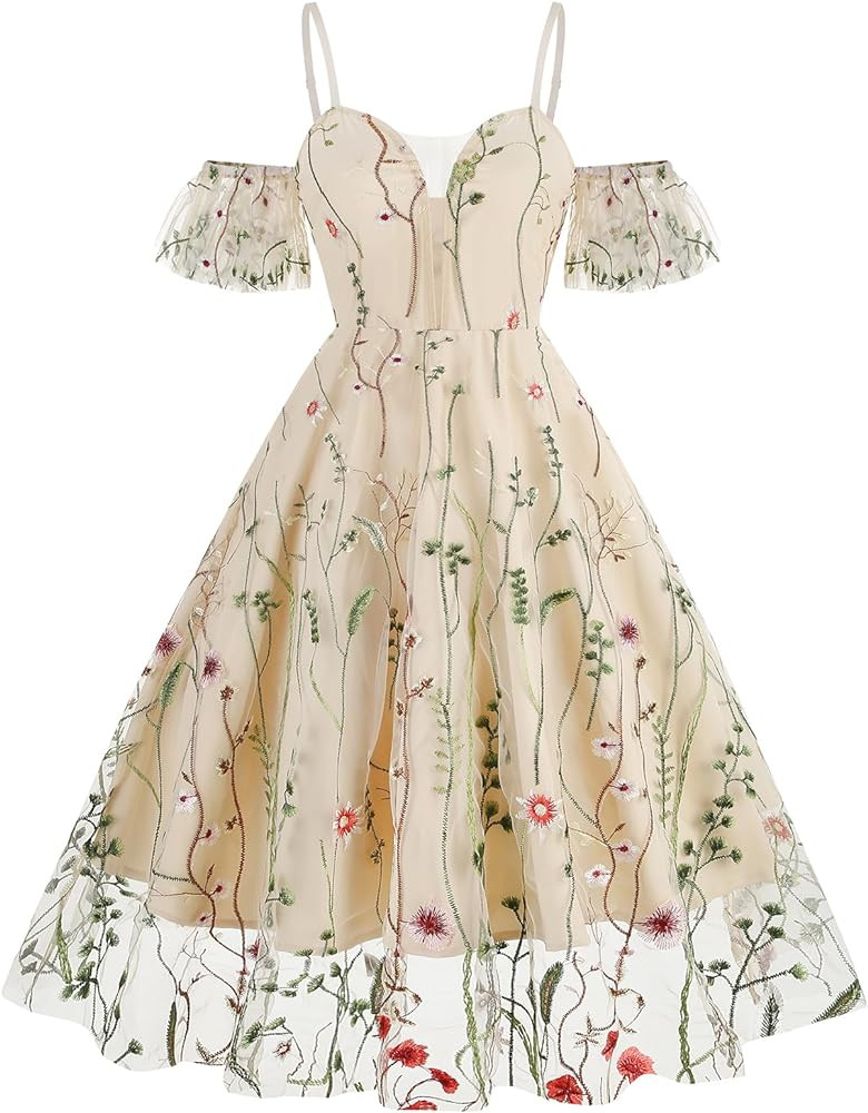 Women Keyhole Floral Embroidery Dress Sheer Mesh Illusion Vintage Cocktail Swing Dress Wedding Pa... | Amazon (US)