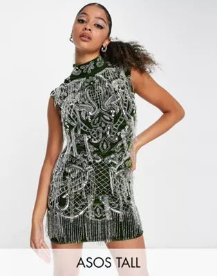 ASOS DESIGN Tall high neck all over embellished mini dress in dark green with silver sequin | ASOS (Global)