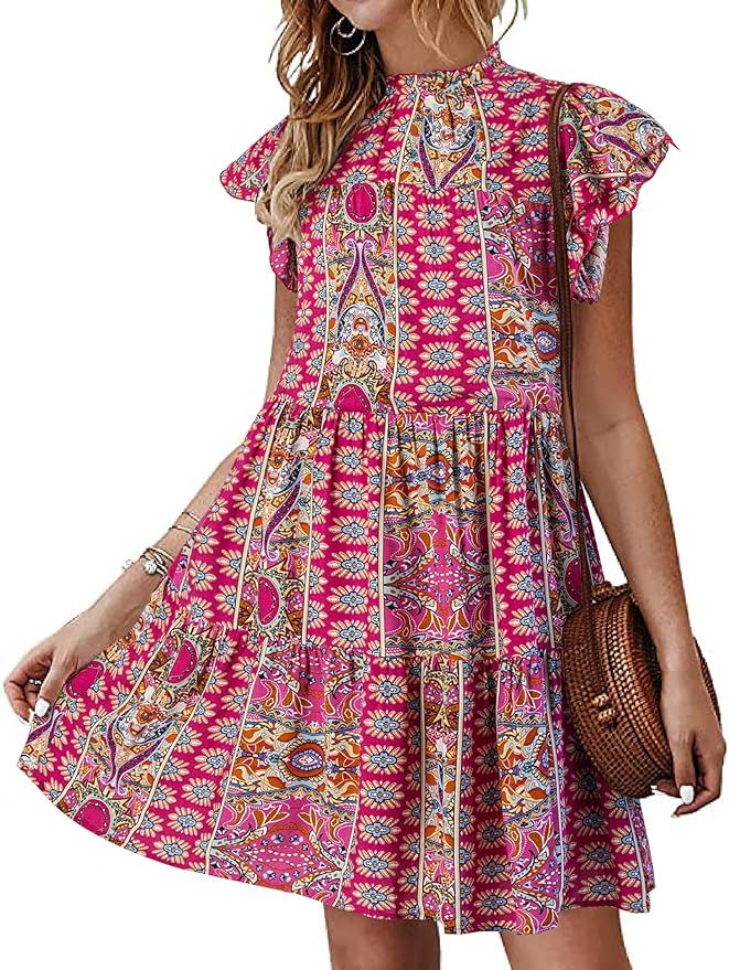 KIRUNDO 2023 Women's Summer Dress Sleeveless Ruffle Sleeve Round Neck Mini Dress Solid Loose Shor... | Amazon (US)