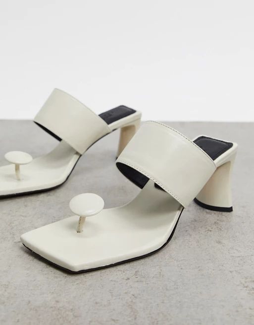 ASOS DESIGN Vacation premium leather toe post mid-heeled sandals in cream | ASOS (Global)