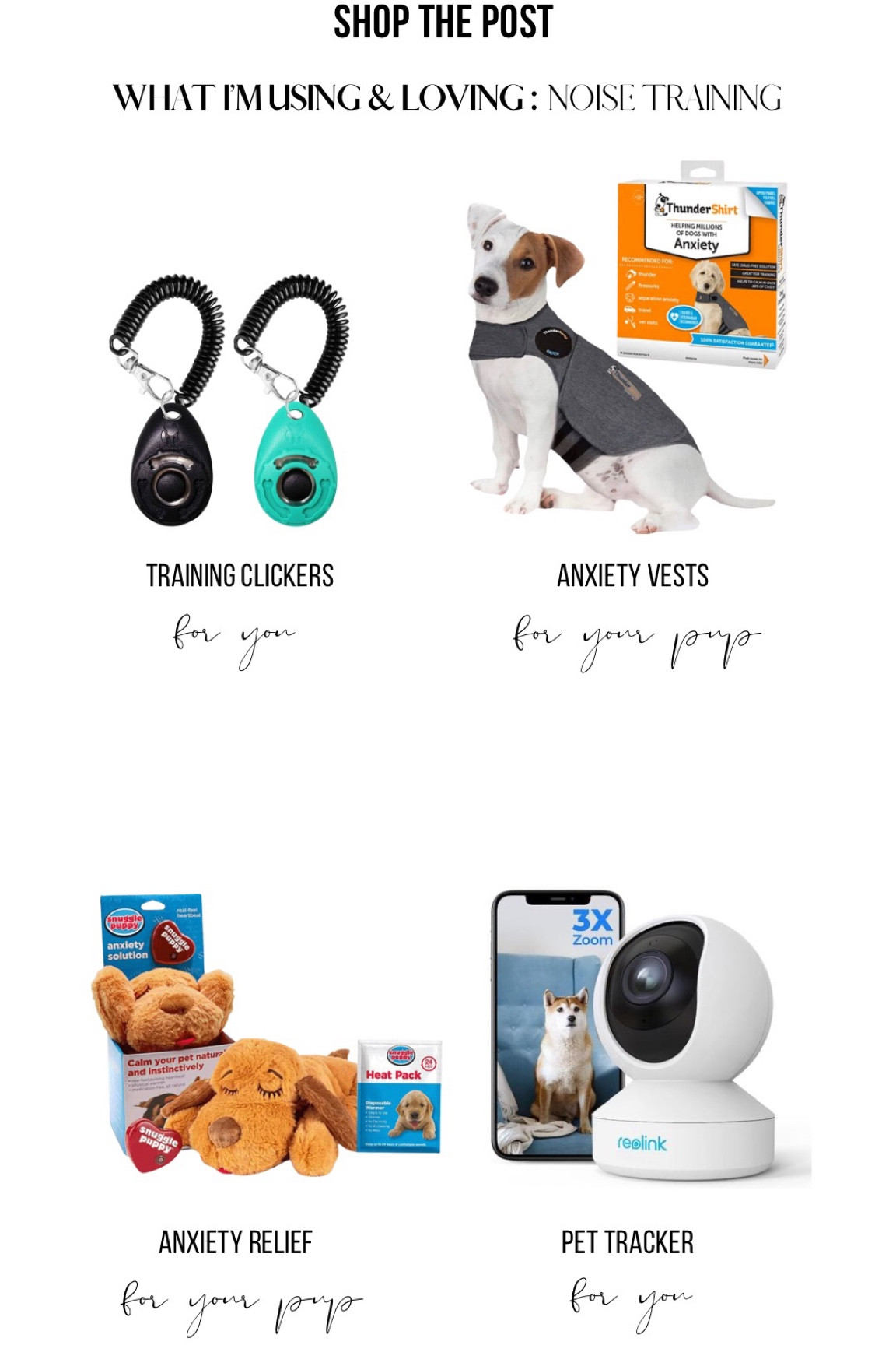 Dog Noise Training Essentials: Pet training clicker, ThunderShirt for Dogs, Hot Water Anxiety Relief Pet Plushy Toy, Pet Remote Web Camera. Amazon Finds. #amazon #amazonpets

#LTKGiftGuide #LTKunder50 #LTKhome