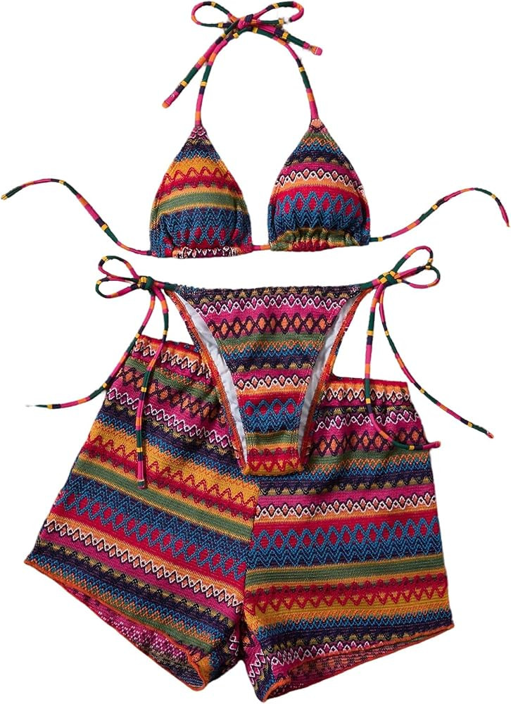 SHENHE Women's 3 Piece Swimsuits Tribal Striped Triangle String Bikini Set with Cover Up Shorts | Amazon (US)