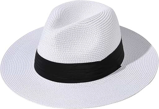 Lanzom Women Wide Brim Straw Panama Roll up Hat Belt Buckle Fedora Beach Sun Hat UPF50+ | Amazon (US)