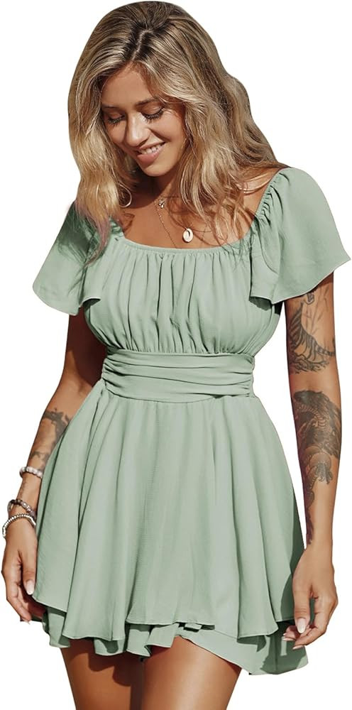 EXLURA Women's 2026 Summer Ruffle Short Sleeve Tie Back Romper Dress Square Neck A Line Cute Dres... | Amazon (US)