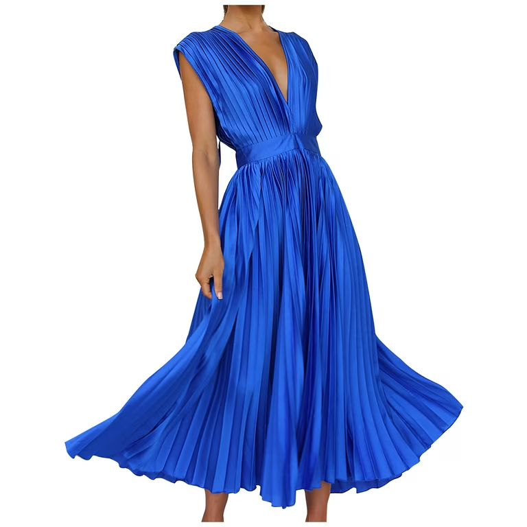 pbnbp Prom Dresses for Women Casual Elegant Solid Color Pleated Backless with Strappy Tunic V Nec... | Walmart (US)
