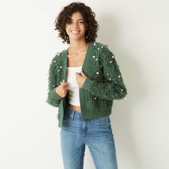 MIGHTY FINE WOMEN'S HOLIDAY GREEN LOOPS & PEARLS CARDIGAN - MULTI SIZES (NEW) | Poshmark