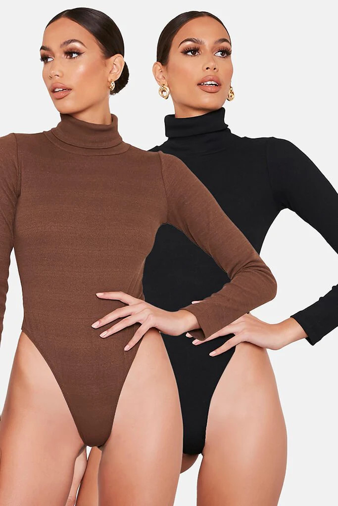 Chocolate & Black Ribbed Roll Neck 2 Pack Bodysuits | ISAWITFIRST