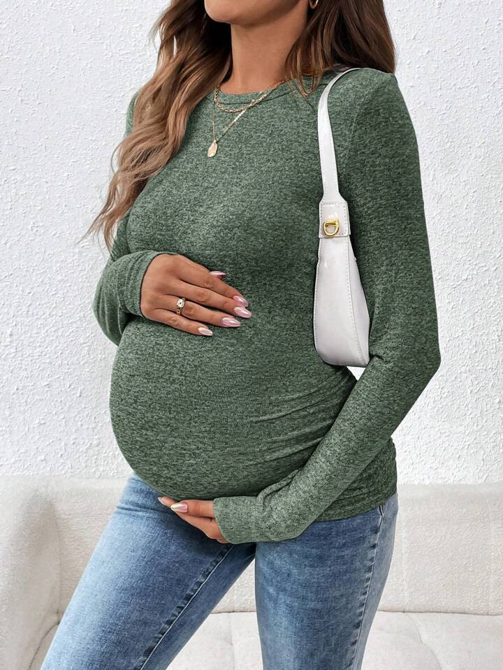 SHEIN Maternity Solid Color Crew Neck Long Sleeve Fitted T-Shirt, Spring & Autumn | SHEIN