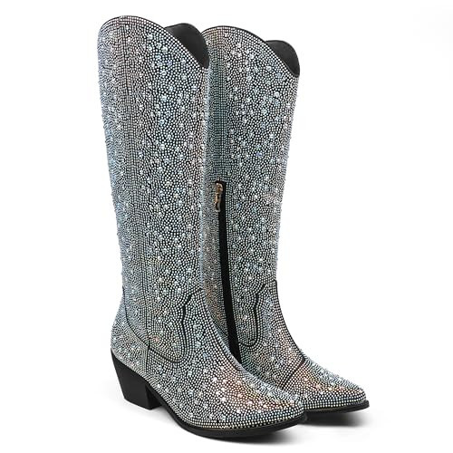 Zzheels Women's 2.36“ Cowgirl Rhinestone Boots Sparkly Western Cowboy Boots Pointed Toe Chunky Heel Mid Calf Boots Black US10.5 | Amazon (US)
