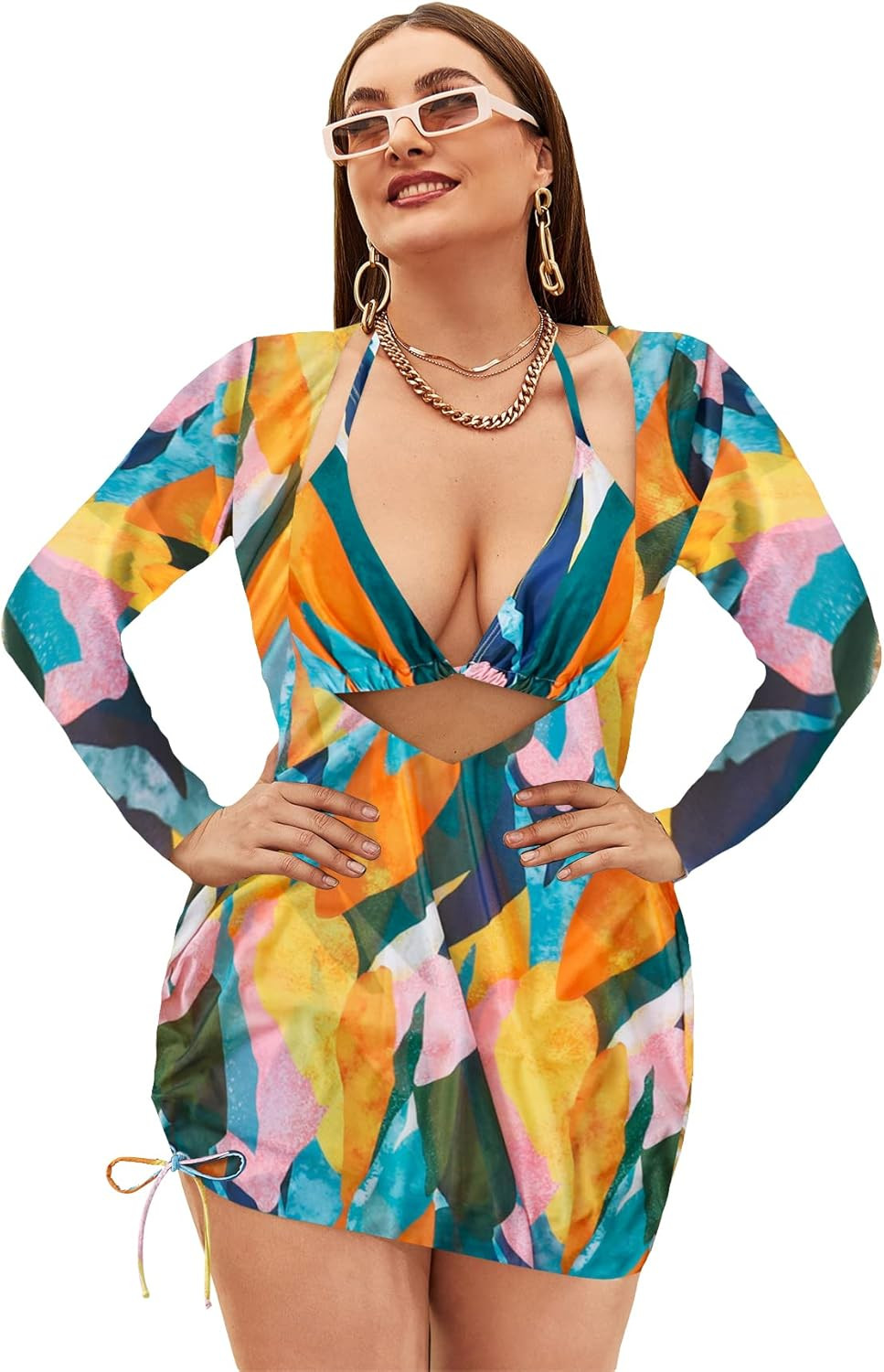 Romwe Women's Plus Size Bikini Set Mesh Drawstring Halter 3 Pieces Swimsuit Bathing Suits | Amazon (US)