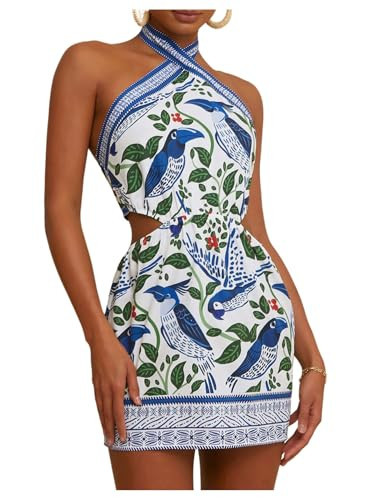 MakeMeChic Women's Boho Mini Dress Summer Beach Vacation Halter Dresses Floral Sundress Blue and White X-Small | Amazon (US)