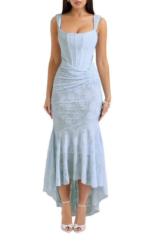 HOUSE OF CB Cesca Floral Ruched High-Low Corset Dress in Skyride at Nordstrom, Size X-Large | Nordstrom