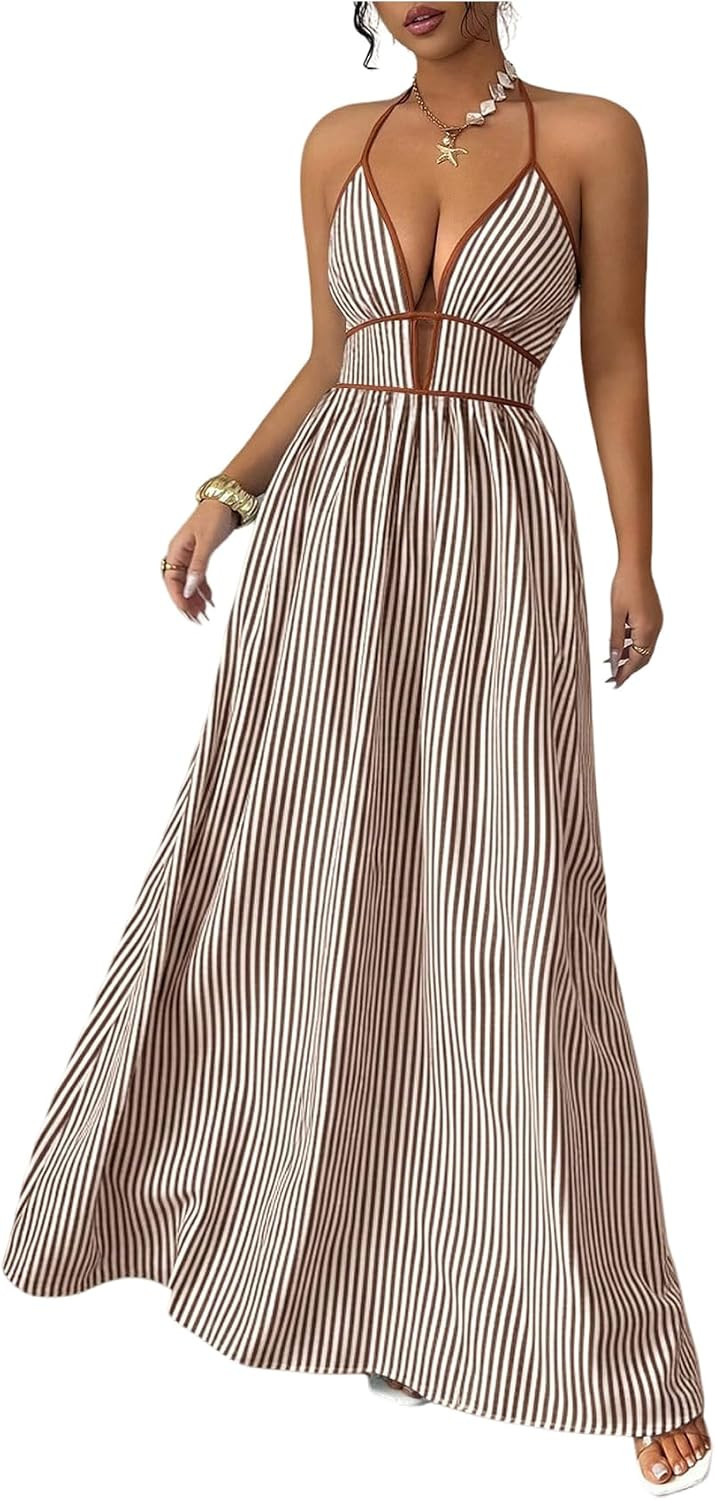 Floerns Women's Striped Halter Maxi Dress Backless Smocked Boho Dress | Amazon (US)
