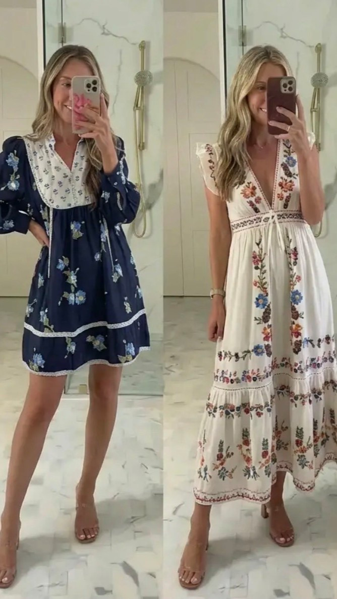 A polished Pinterest-style mirror selfie collage featuring three feminine spring dresses styled side by side. Soft, natural bathroom lighting with marble floors and a clean neutral backdrop. Outfit one: a sleeveless white mini dress with pink floral embroidery, tailored waist, and classic nude heels. Outfit two: a navy long-sleeve mini dress with delicate floral print, white embroidered bib detail, and a relaxed romantic silhouette. Outfit three: a white flowy midi dress with colorful floral embroidery, flutter sleeves, and an airy bohemian feel. Effortless feminine styling, soft waves, neutral heels, timeless spring wardrobe inspiration, elevated casual elegance, romantic cottagecore-meets-classic aesthetic, Pinterest-worthy fashion content.

HASHTAGS
#pinterestfashion #springdresses #femininefashion #romanticstyle #floralstyle #springoutfits #bohochic #effortlessstyle #dressinspo #amazonfashion #chicandclassic #wardrobeinspo #neutralheels #springwardrobe #fashioninspo #pinterestoutfits #everydaychic

#LTKActive #LTKGiftGuide #LTKSeasonal