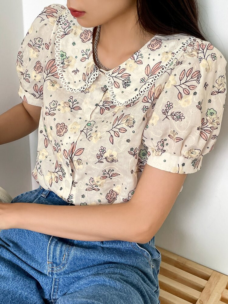 DAZY Floral Embroidery Peter Pan Collar Puff Sleeve Blouse | SHEIN