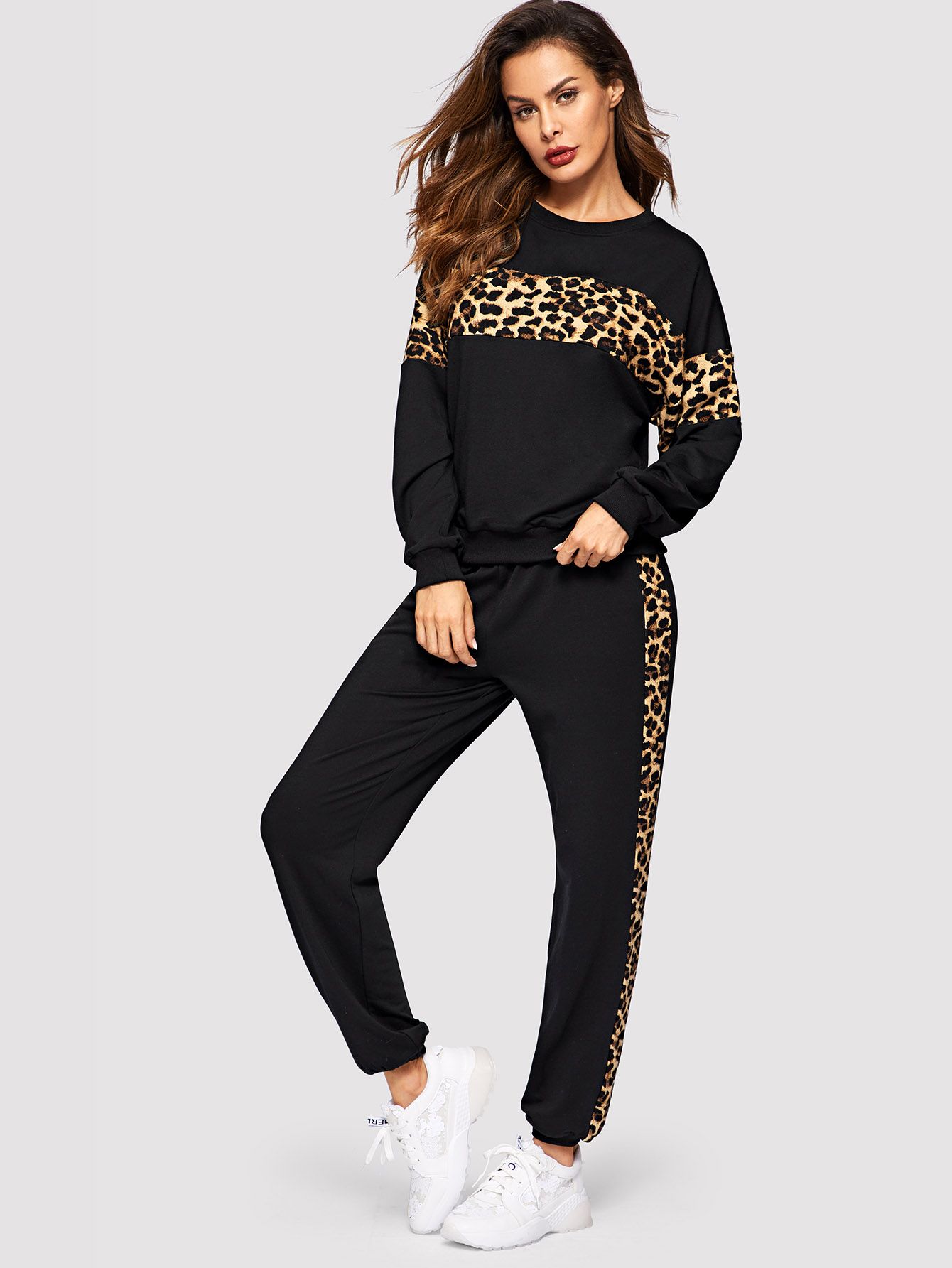 SHEIN Leopard Panel Pullover and Joggers Set | SHEIN
