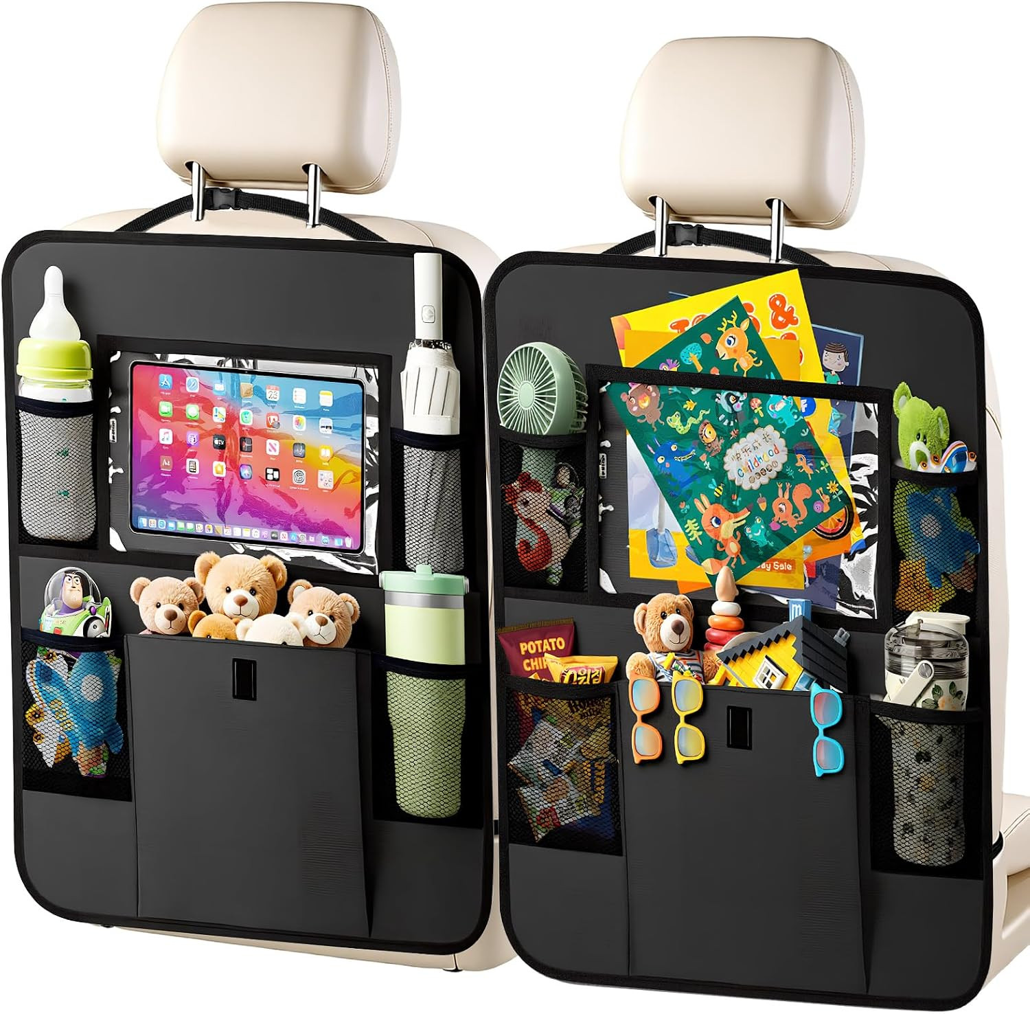 Car Backseat Organizer with Tablet Holder, 6 Storage Pockets Seat Back Protectors Kick Mats for Kids, Car Seat Protector for Road Trips 2 Pack (Black) | Amazon (US)