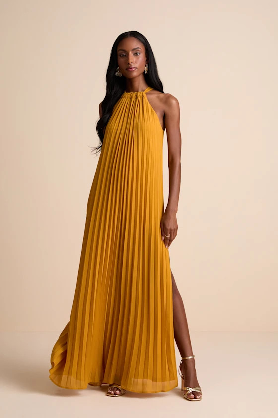 Exceptionally Elegant Marigold Pleated Chiffon Maxi Dress | Lulus