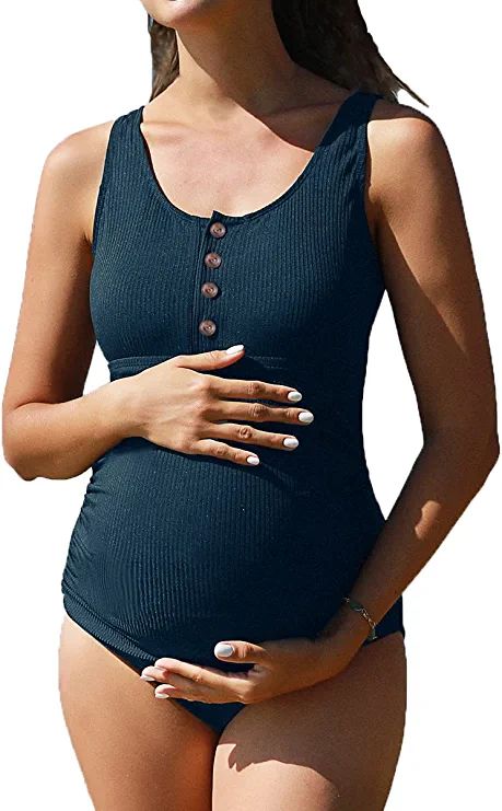 Summer Mae Women's Maternity Tummy Control Swimsuit Ribbed One Piece Bathing Suit Button Neck Swi... | Amazon (US)