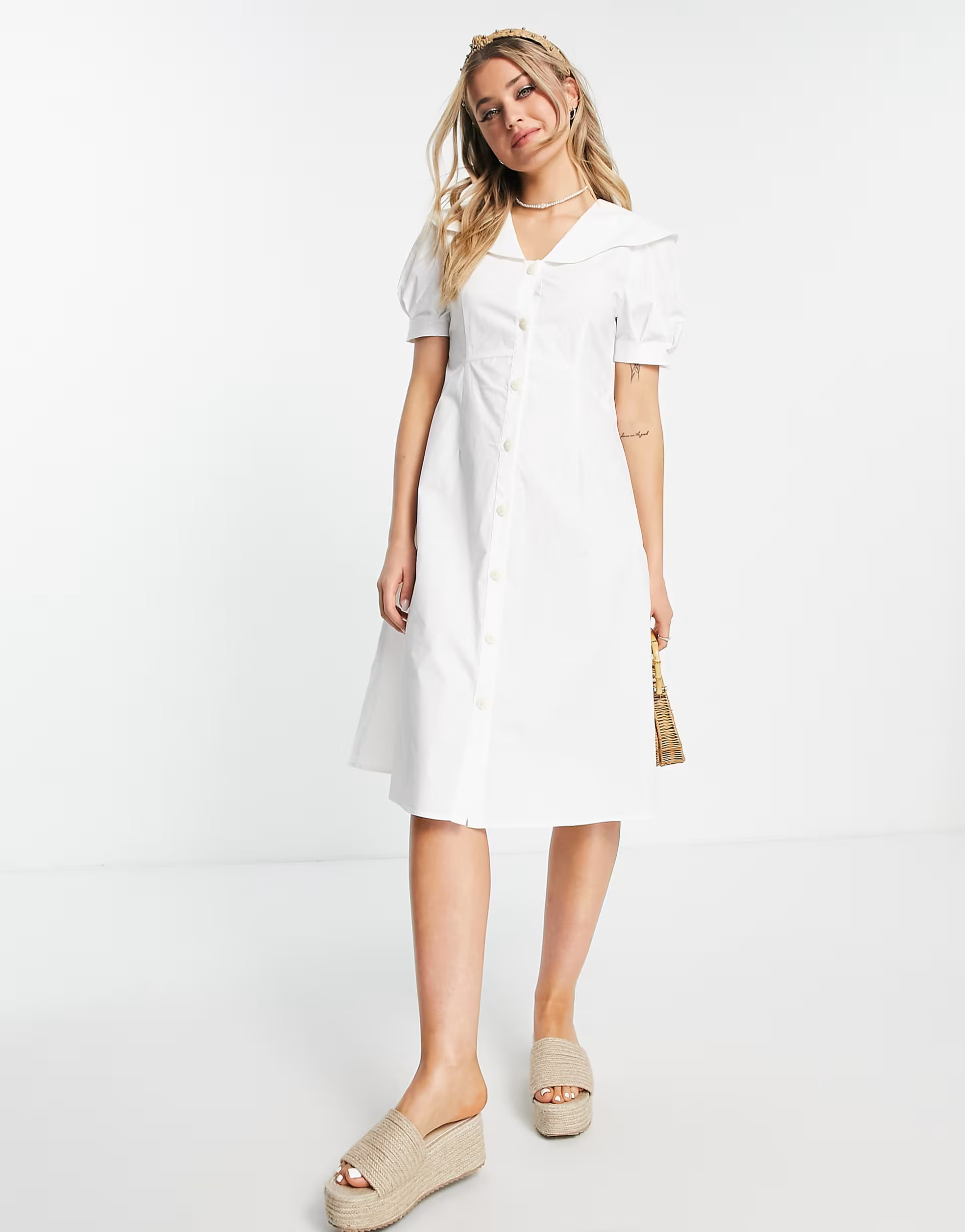 Urban Revivo collar detail midi dress in white | ASOS (Global)