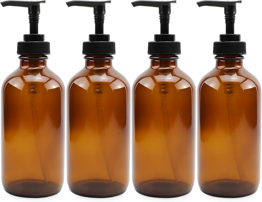 Cornucopia 8-Ounce Amber Glass Pump Bottles (4-Pack); Empty Boston Round Bottles w/Black Plastic ... | Amazon (US)