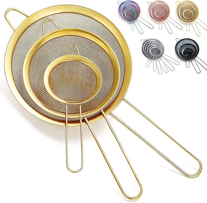 Kyraton Gold Fine Mesh Strainer 3 Pieces Set, Golden Flour Sifter For Baking, Stainless Steel Cla... | Amazon (US)