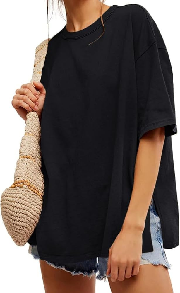 UNCLECAT Womens Oversized T Shirts Summer Trendy Short Sleeve Crew Neck Tops Loose Fit Side Slit ... | Amazon (US)