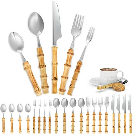 Grusce Bamboo Silverware Set Stainless Steel Tableware Set Natural Bamboo Utensil Flatware Set Spoon Fork Knives Bamboo Handle Cutlery Set for Kitchen Wedding Home Restaurant Party (30 Pcs) | Walmart (US)